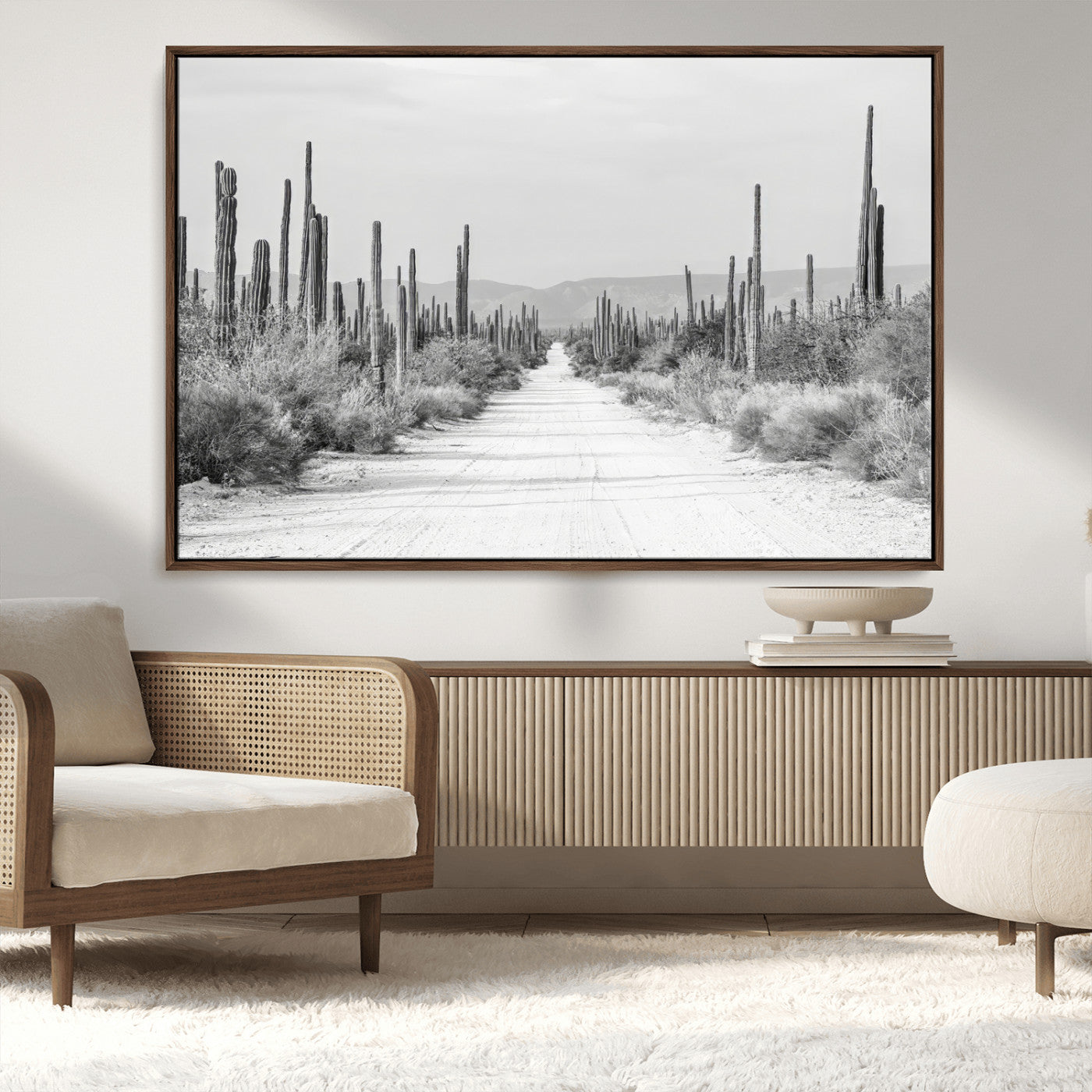 35537313-MGV-CV-36X24-Monochrome Desert Wall Art Canvas Print, Framed Cactus Path Art Picture Print, Southwestern Landscape Perfect Southwestern