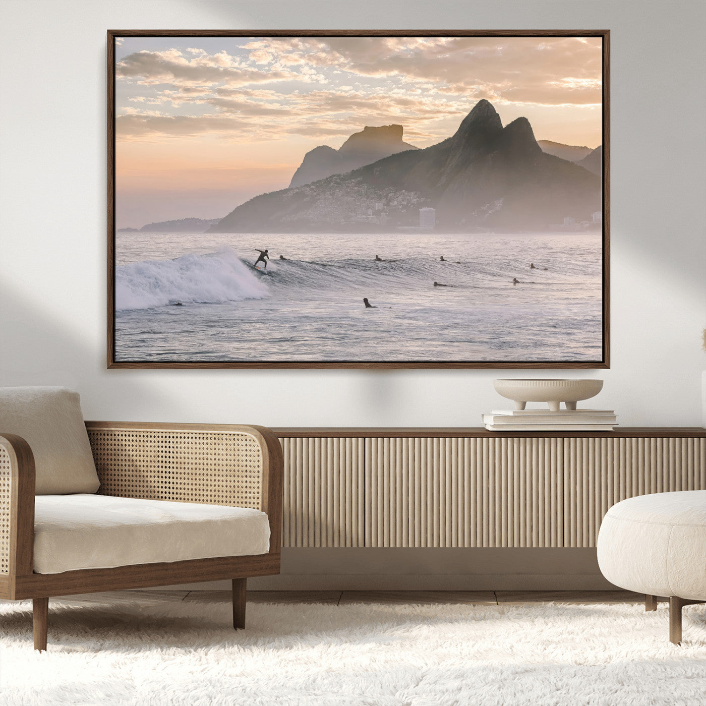 70644906-MGV-FC-36X24_Walnut-Sunset Surfing Wall Art Canvas Print, Framed Misty Mountains Art Picture Print, Surfer Riding Wave Perfect Coastal Adventure Decor