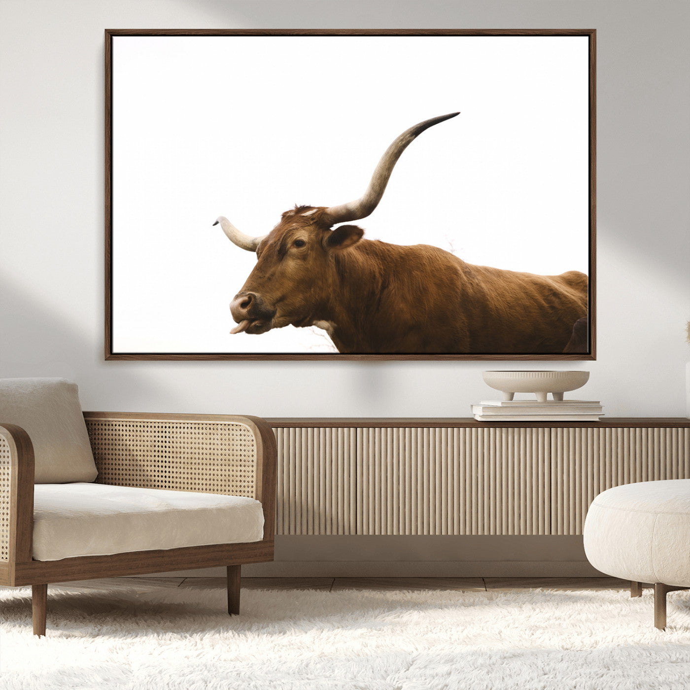62566114-MGV-CV-36X24-Longhorn Cow Art Wall Art Canvas Print, Framed Rustic Animal Decor Art Picture Print, Texas Bull Photo Perfect Rustic Farmhouse
