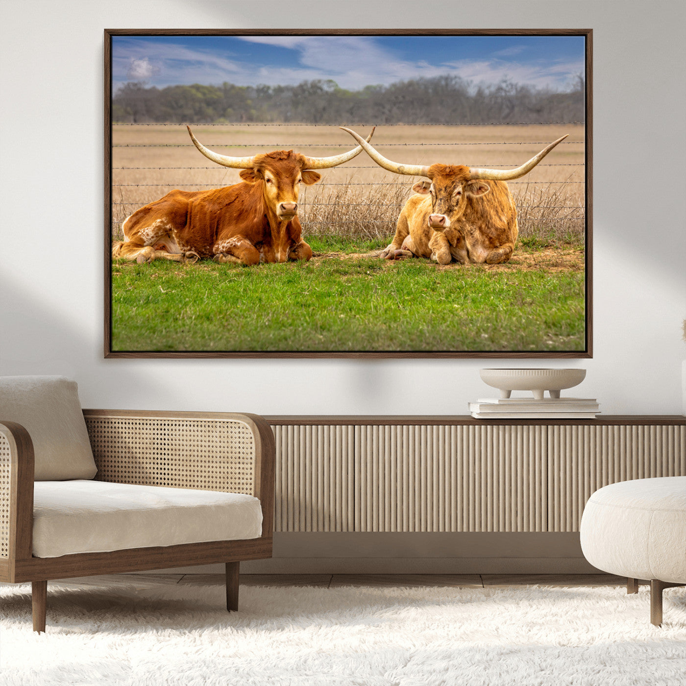 97244565-MGV-FC-36X24_Walnut-Longhorn Duo Wall Art Canvas Print, Framed Cozy Ranch Vibes Art Picture Print, Western Ranch Decor Perfect Rustic Farmhouse Decor