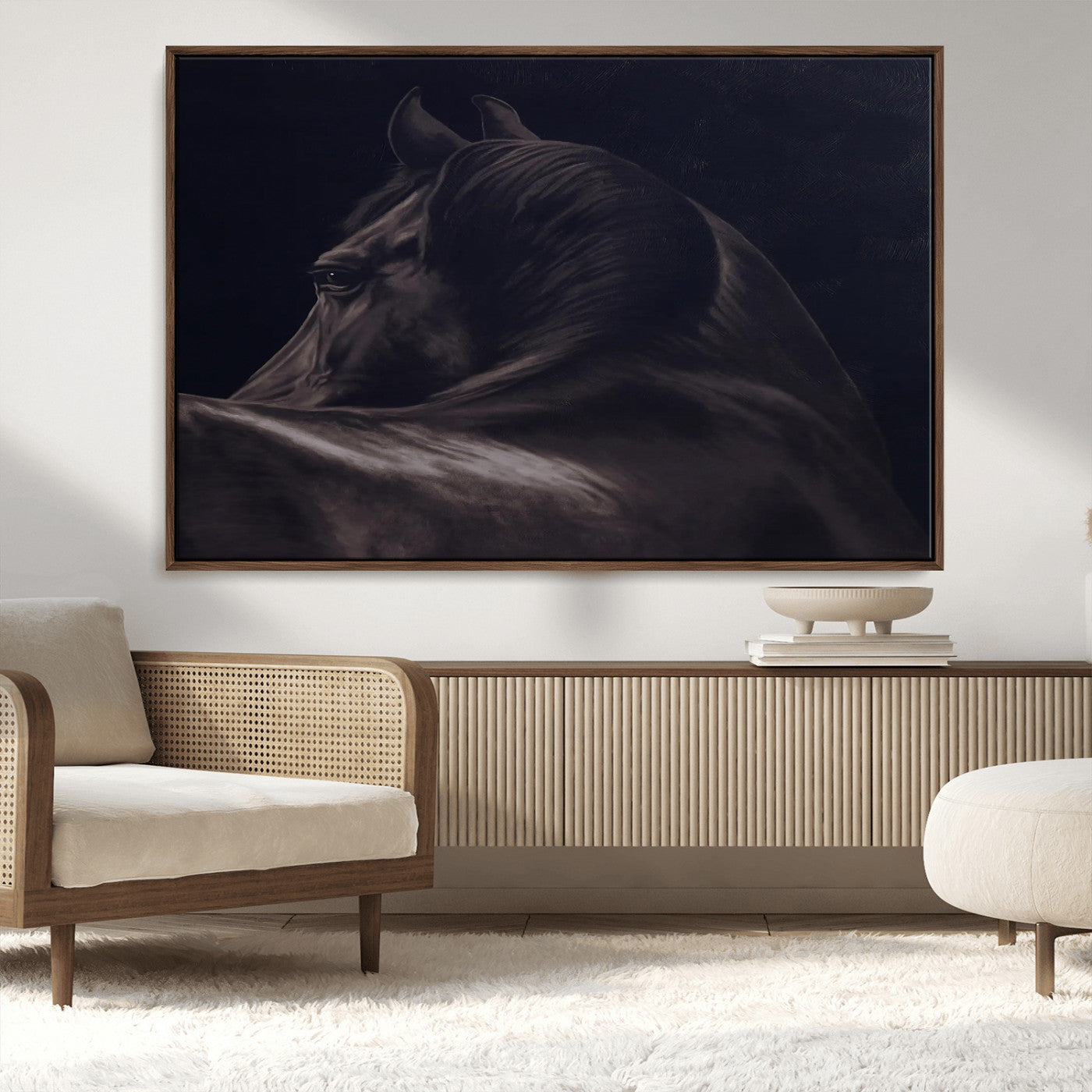 67026880-MGV-CV-36X24-Black Horse Portrait Wall Art Canvas Print, Framed Moody Horse Decor Art Picture Print, Equestrian Wall Style Perfect Masculine