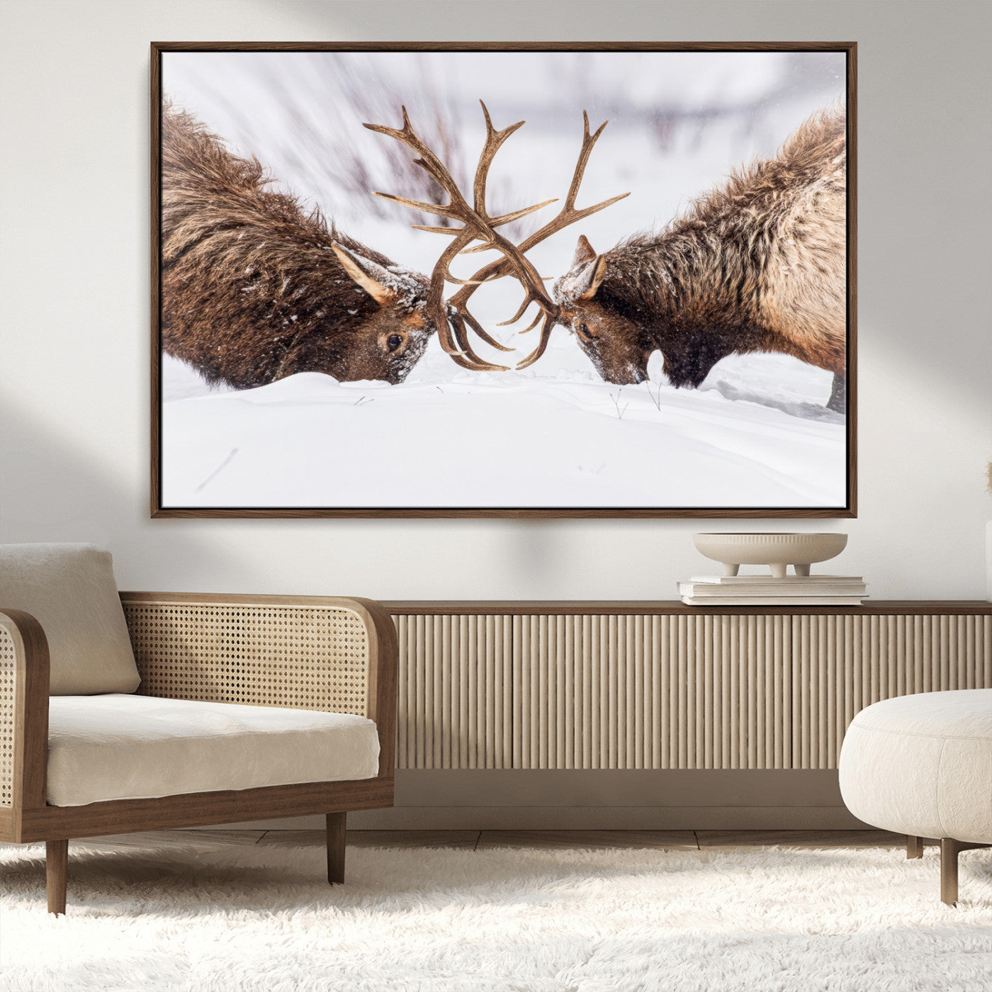 36507609-MGV-CV-36X24-Elk Clash Scene Wall Art Canvas Print, Framed Wildlife Strength Decor Art Picture Print, Snowy Forest Elk Perfect Rustic Lodge
