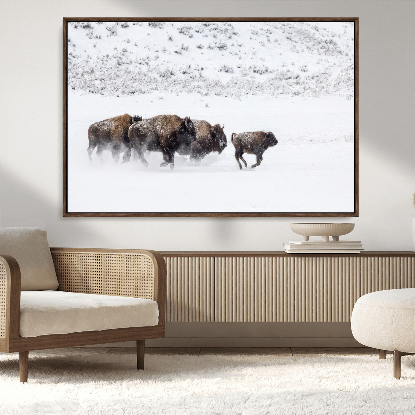 56216945-MGV-FC-36X24_Walnut-Bison Herd Decor Wall Art Canvas Print, Framed Snowy Bison Scene Art Picture Print, Winter Wildlife Theme Perfect Rustic Western
