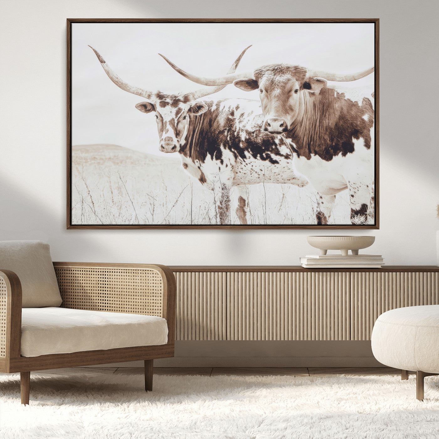 48161868-MGV-CV-36X24-Longhorn Cow Decor Wall Art Canvas Print, Framed Rustic Cattle Art Picture Print, Sepia Western Vibe Perfect Neutral Rustic