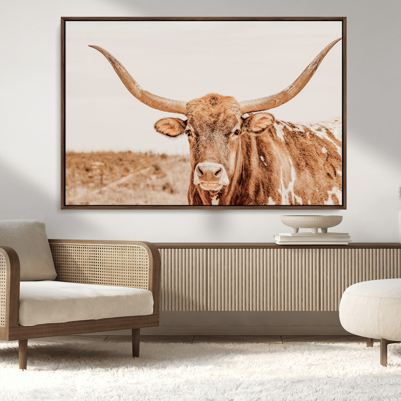 74406977-MGV-CV-36X24-Longhorn Bull Decor Wall Art Canvas Print, Framed Western Cow Theme Art Picture Print, Rustic Farmhouse Wall Perfect Neutral