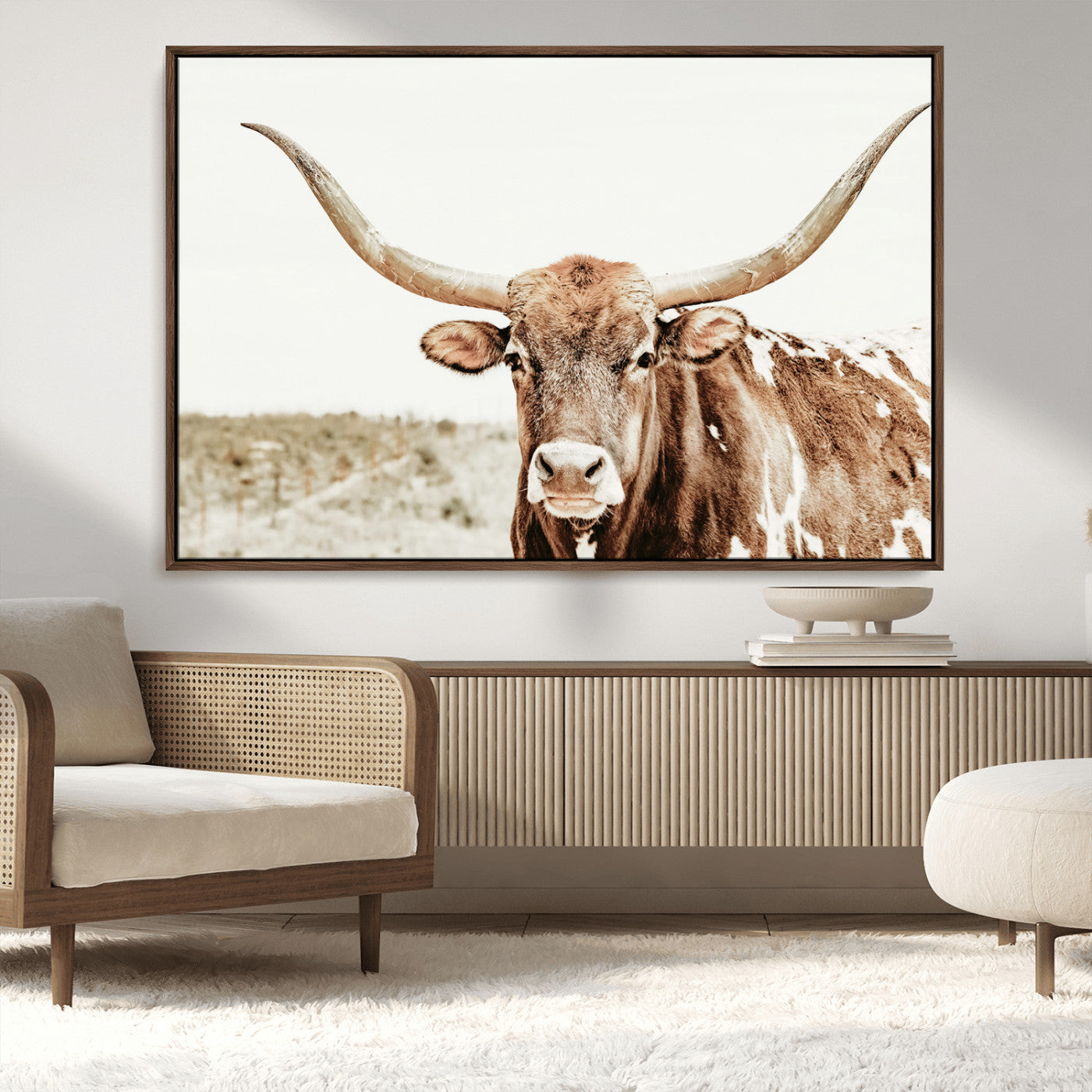 98924580-MGV-CV-36X24-Texas Longhorn Bull Wall Art Canvas Print, Framed Rustic Farmhouse Decor Art Picture Print, Western Animal Theme Perfect Rustic