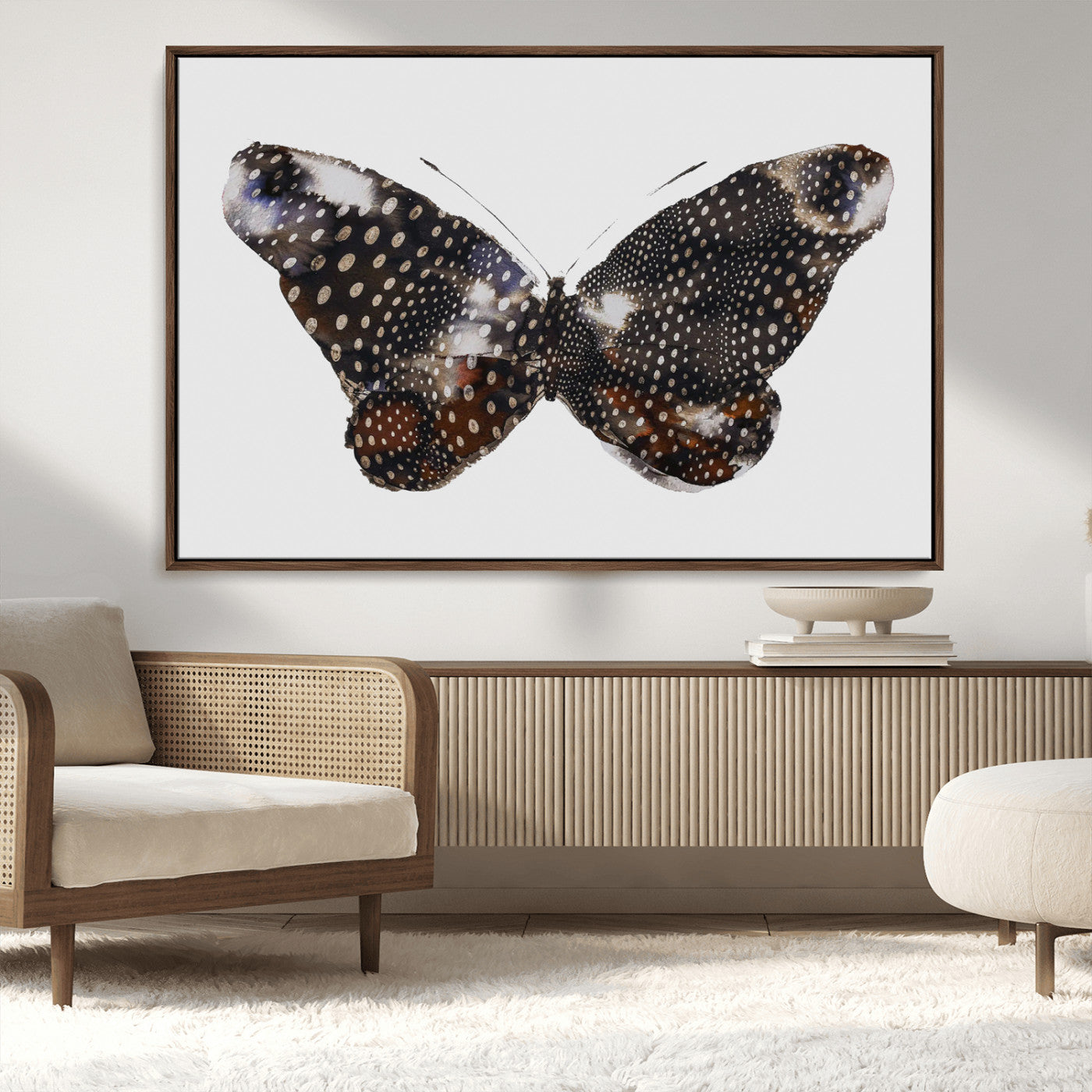 99831147-MGV-CV-36X24-Spotted Butterfly Wall Art Canvas Print, Framed Neutral Insect Theme Art Picture Print, Earthy Wing Pattern Perfect Modern Rustic