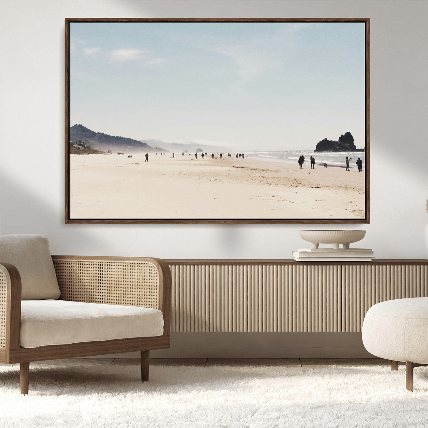 28307820-MGV-FC-36X24_Walnut-Minimalist Beach Wall Art Canvas Print, Framed Coastal Serenity Art Picture Print, Soft Sand Perfect Modern Coastal Decor Artwork