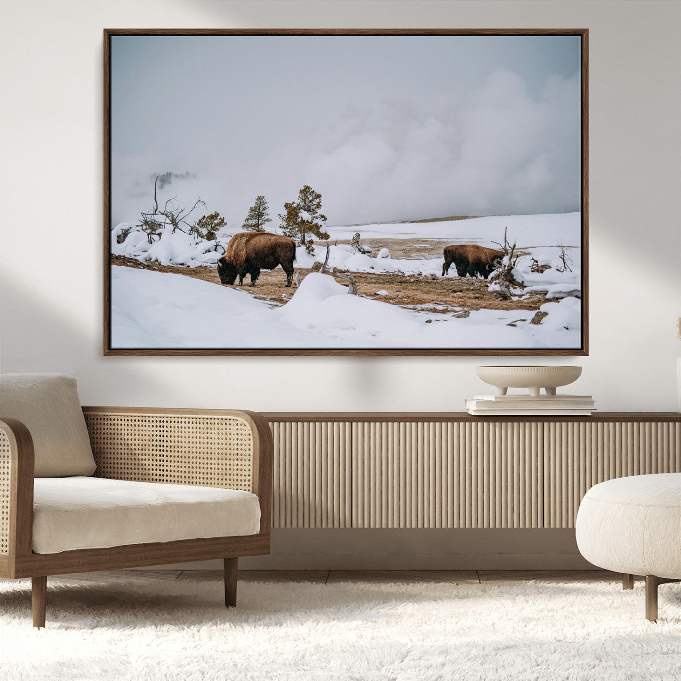 60308289-MGV-CV-36X24-Bison Wildlife Wall Art Canvas Print, Framed Snowy Prairie Art Picture Print, Western Landscape Perfect Rustic Winter Decor