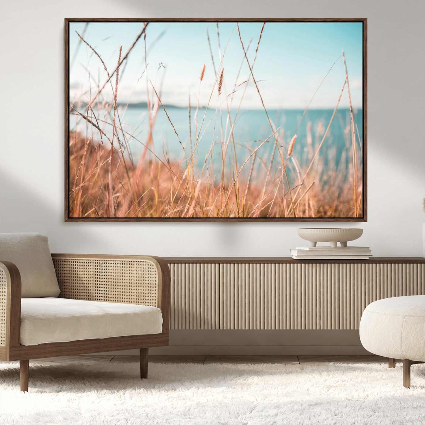 36108696-MGV-CV-36X24-Coastal Grass Wall Art – Serene Ocean View Canvas Print, Beach Nature Photography Decor for Living Room, Bedroom, Office or Modern