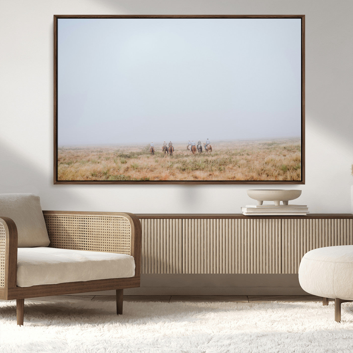 14761944-MGV-CV-36X24-Foggy Plains Wall Art Canvas Print, Framed Horseback Riders Art Picture Print, Rustic Western Perfect Rustic Western Decor Artwork