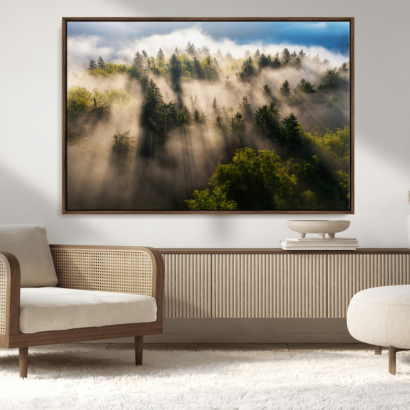 14785710-MGV-CV-36X24-Tranquil Forest Scene Wall Art Canvas Print, Framed Sunbeam Through Trees Art Picture Print, Moody Green Wall Art Perfect