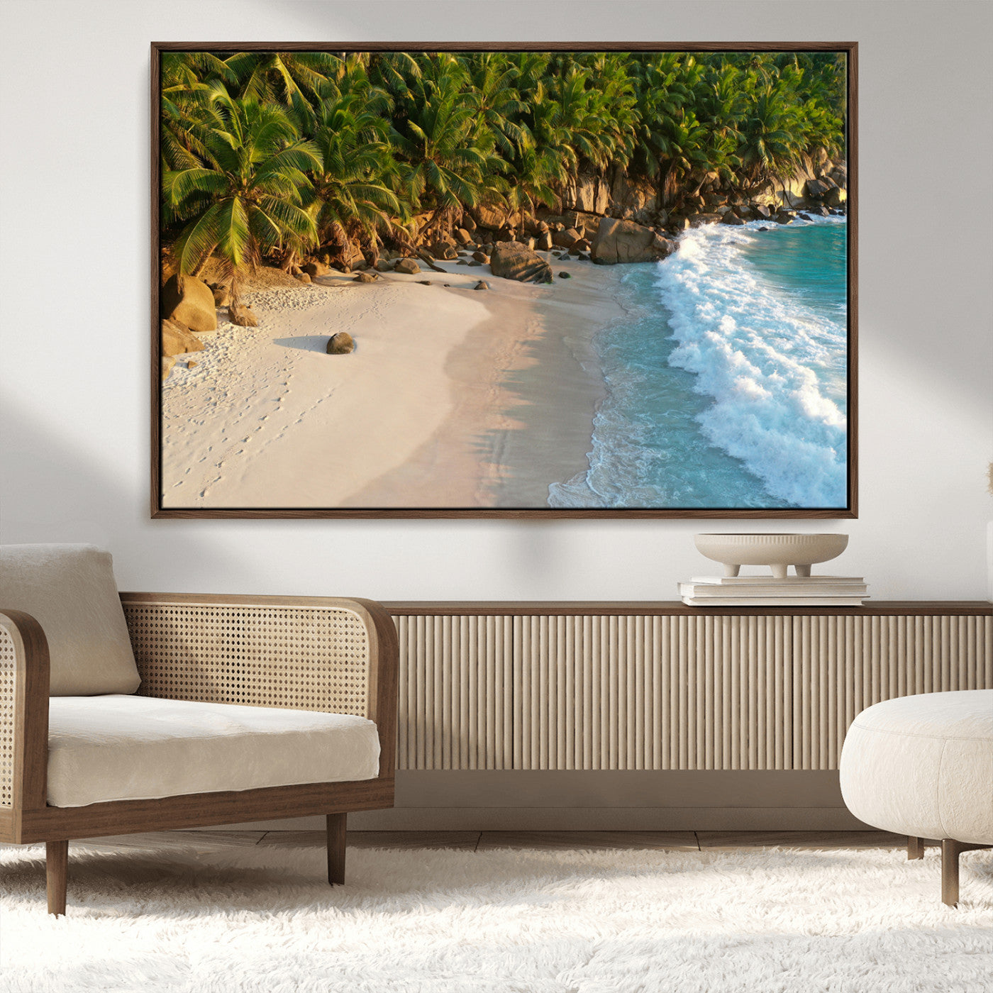 82312665-MGV-FC-36X24_Walnut-Tropical Beach Wall Art Canvas Print, Framed Ocean Waves Art Picture Print, Palm Trees Perfect Coastal Minimalist Decor Artwork