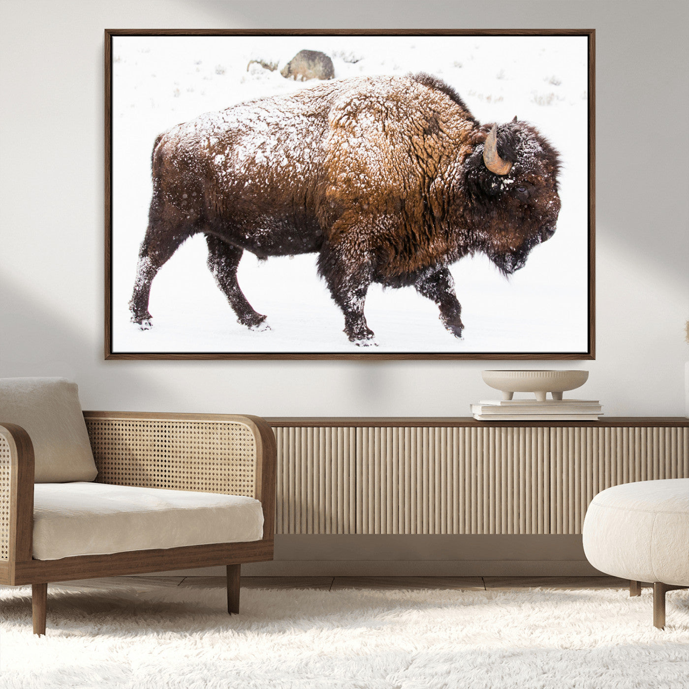94261165-MGV-FC-36X24_Walnut-Snowy Buffalo Wall Art Canvas Print, Framed Wildlife Photography Art Picture Print, Brown Tones Perfect Rustic Lodge Decor Decor