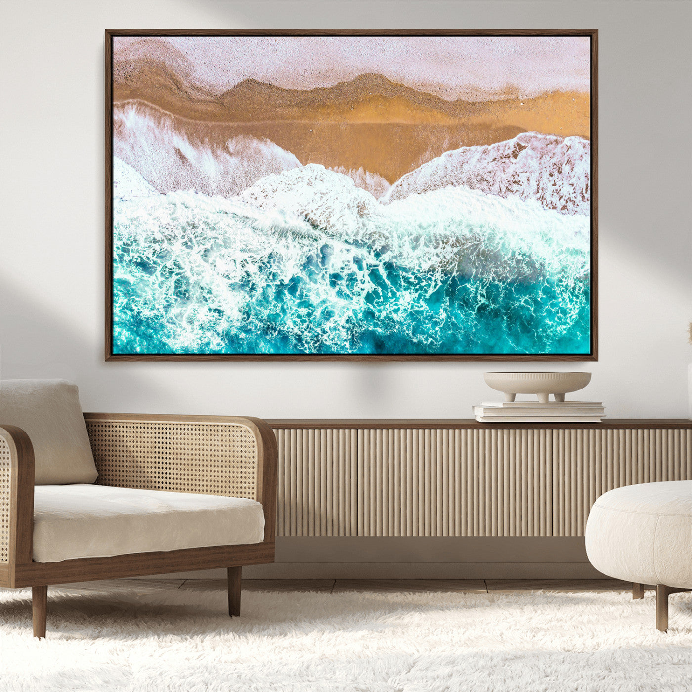 26870666-MGV-CV-36X24-Aerial Beach Wall Art Canvas Print, Framed Ocean Waves Art Picture Print, Coastal Landscape Perfect Coastal Minimalist Decor