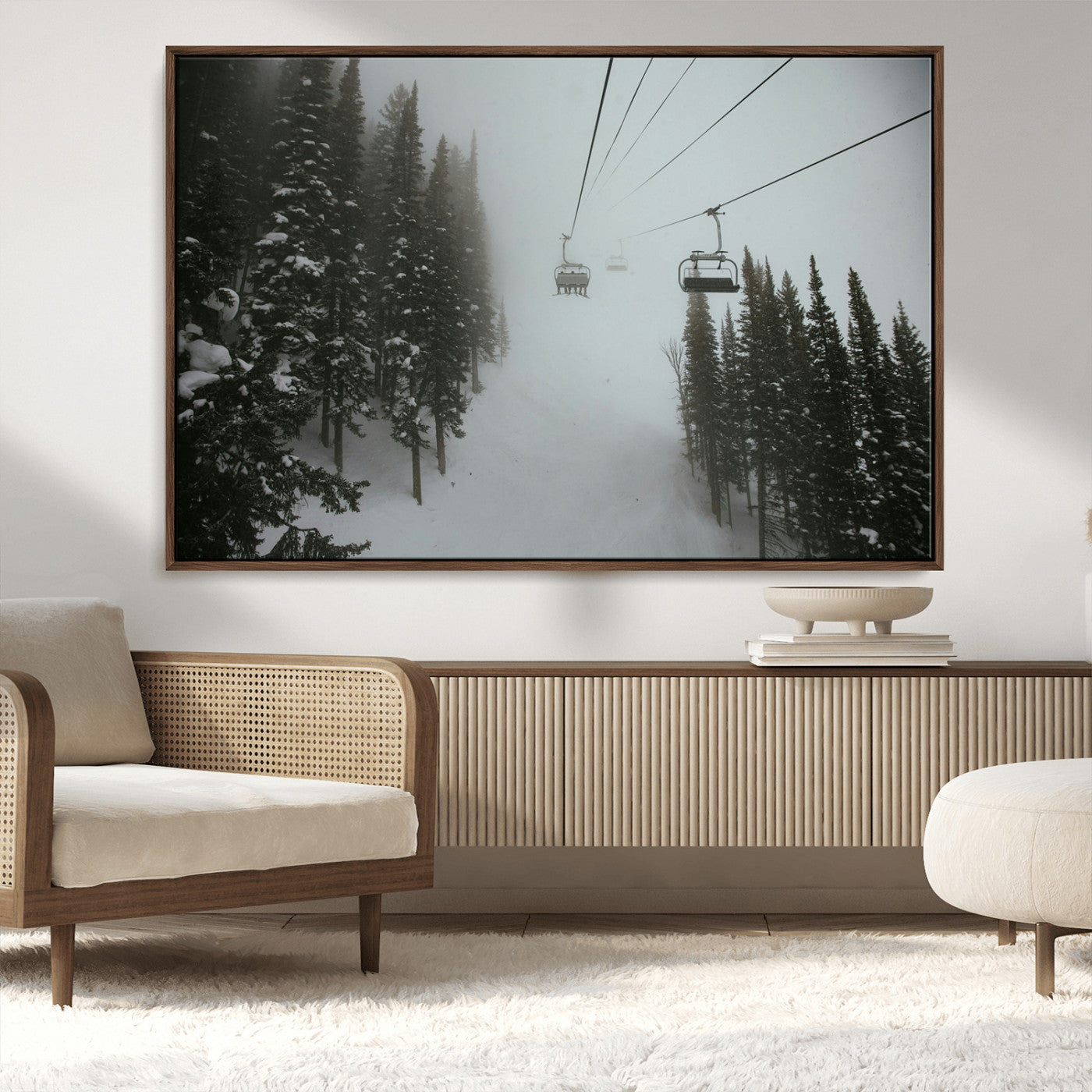 87018452-MGV-CV-36X24-Ski Lift Wall Art Canvas Print, Framed Snowy Pines Art Picture Print, Misty Landscape Perfect Winter Serenity Decor Artwork