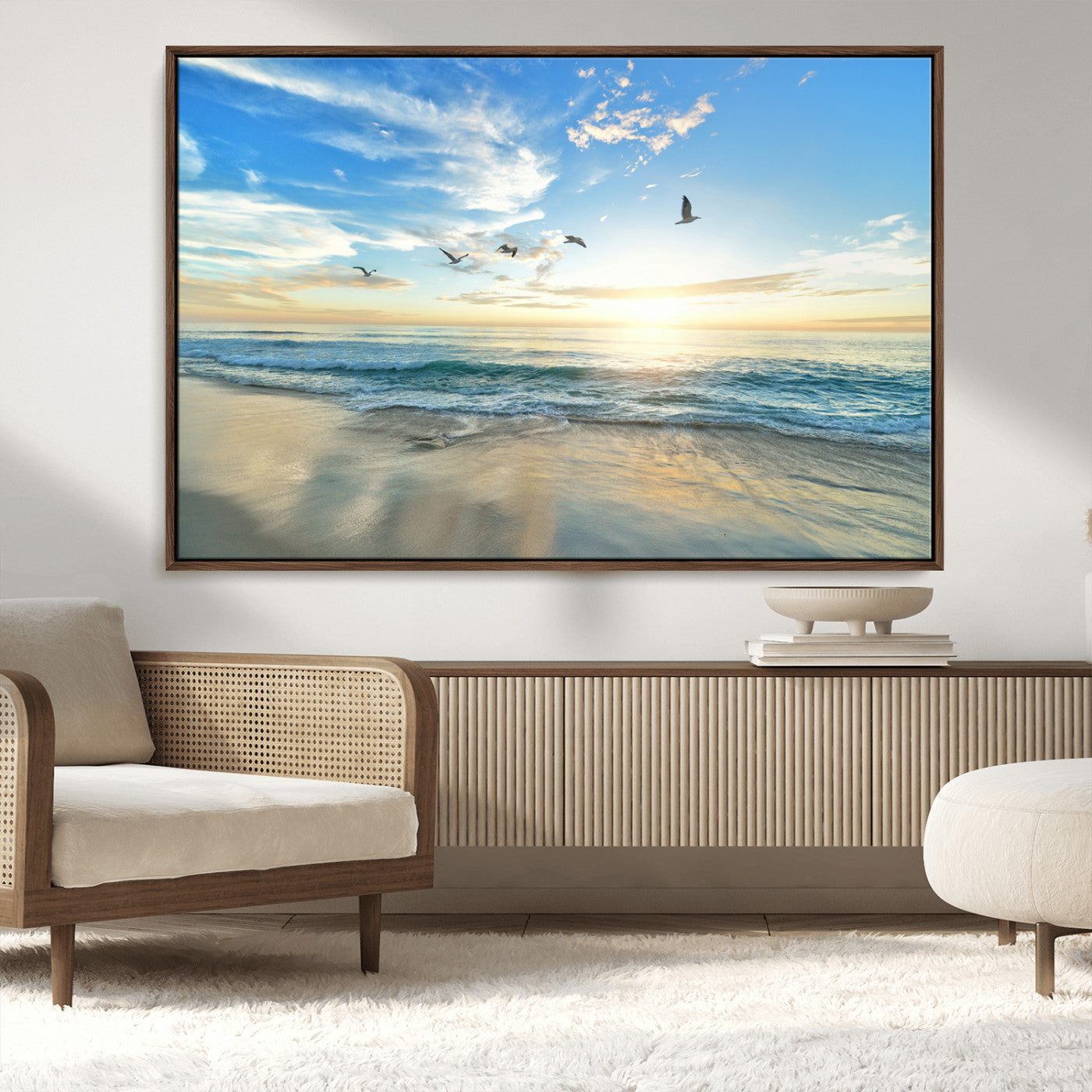 20708696-MGV-FC-36X24_Walnut-Minimalist Seaside Wall Art Canvas Print, Framed Morning Glow Art Picture Print, Golden Reflections Perfect Coastal Minimalist