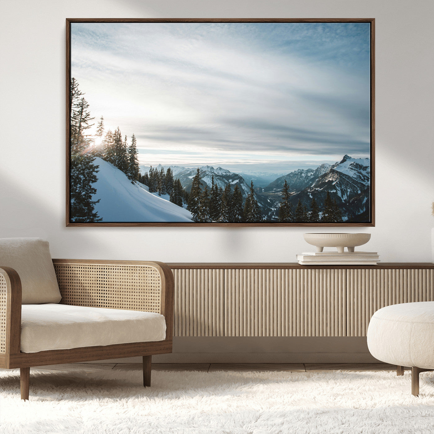 55564749-MGV-CV-36X24-Snowy Mountains Wall Art Canvas Print, Framed Alpine Landscape Art Picture Print, Frosty Peaks Perfect Nordic Minimalist Decor