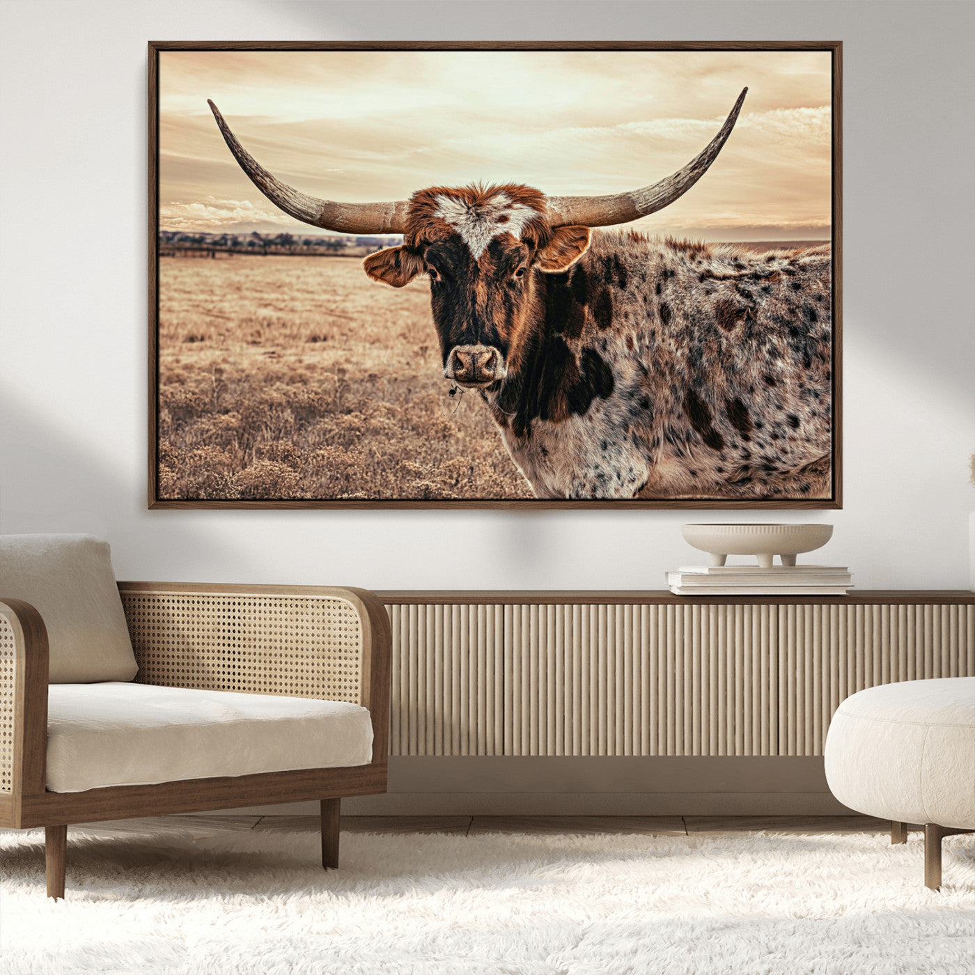 95745718-MGV-CV-36X24-Texas Longhorn Wall Art – Western Cattle Photography Canvas Print, Rustic Ranch Animal Artwork Country Farmhouse Decor for Living