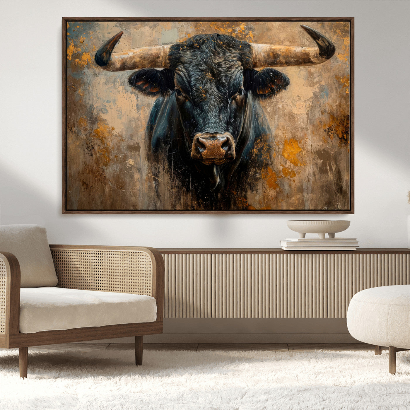 91615410-MGV-FC-36X24_Walnut-Bull Wall Art – Rustic Western Longhorn Canvas Print, Powerful Abstract Animal Painting, Farmhouse Ranch Decor for Living Room,