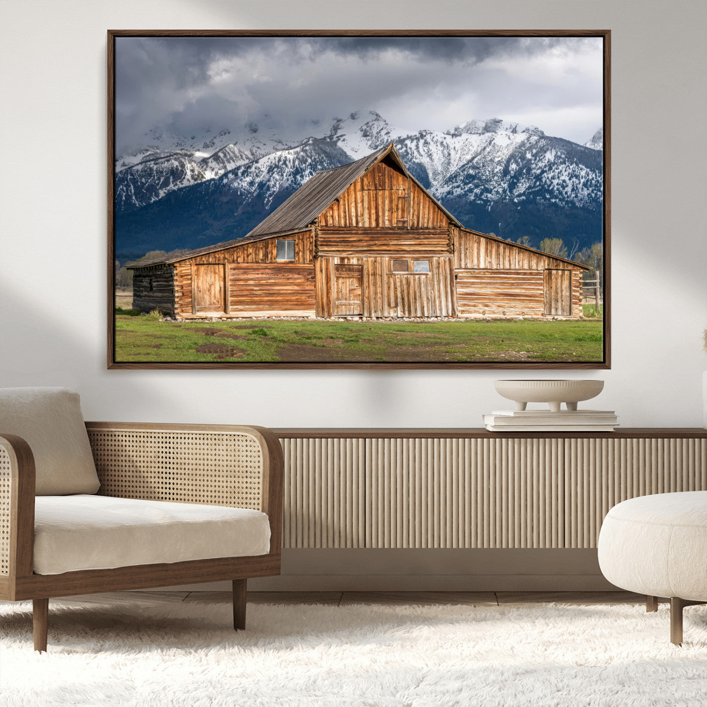 15173627-MGV-FC-36X24_Walnut-Barn Wall Art – Rustic Wooden Cabin Canvas Print with Snowy Mountain Landscape, Western Farmhouse Country Decor for Living Room,