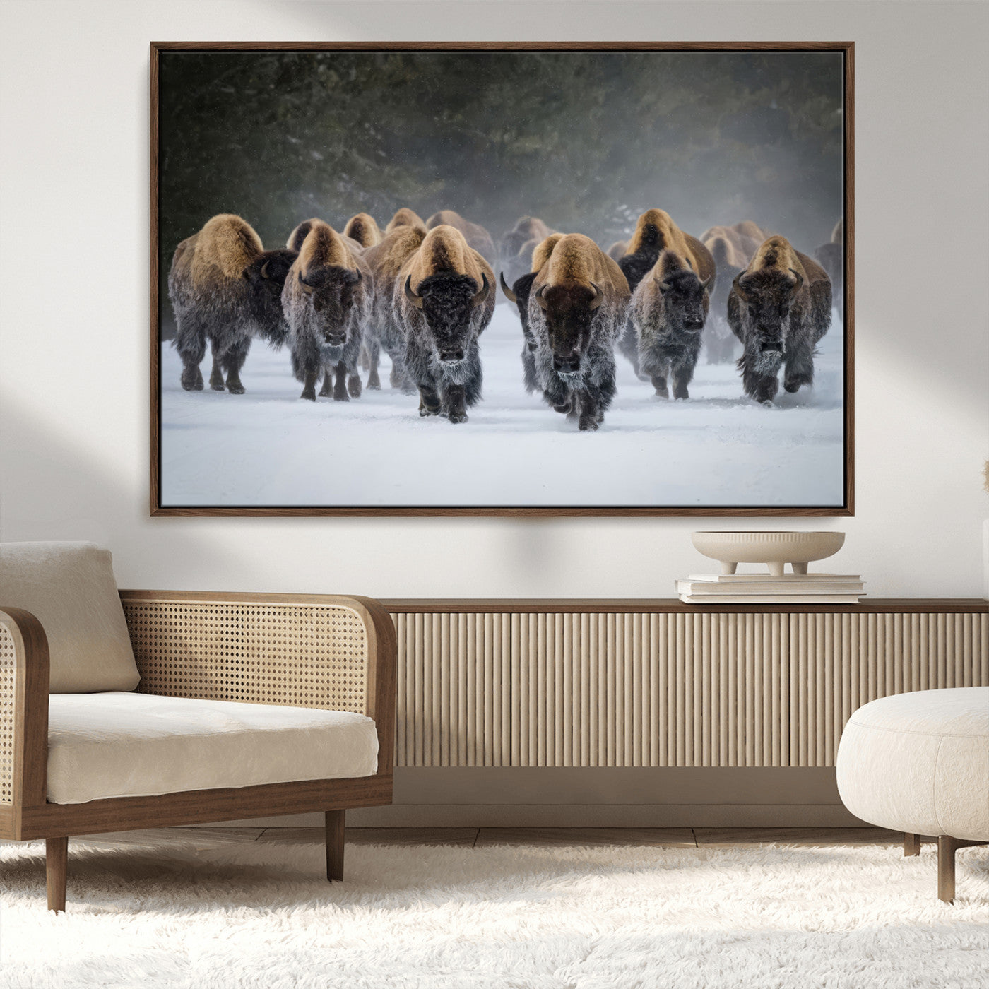 30332489-MGV-CV-36X24-Winter Bison Herd Wall Art – Powerful Buffalo Canvas Print, Rustic Wildlife Photography Decor for Farmhouse, Cabin, Lodge, Living