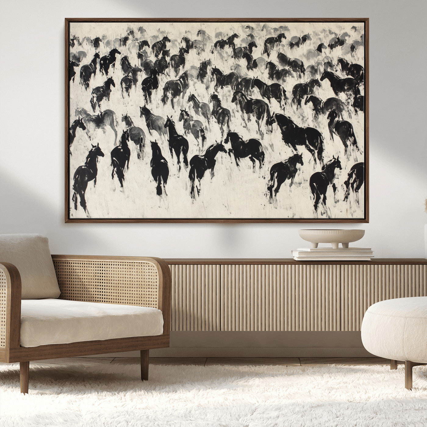 29265745-MGV-CV-36X24-Wild Horse Herd Wall Art – Black and White Galloping Horses Canvas Print, Rustic Western Farmhouse Décor for Living Room, Bedroom,