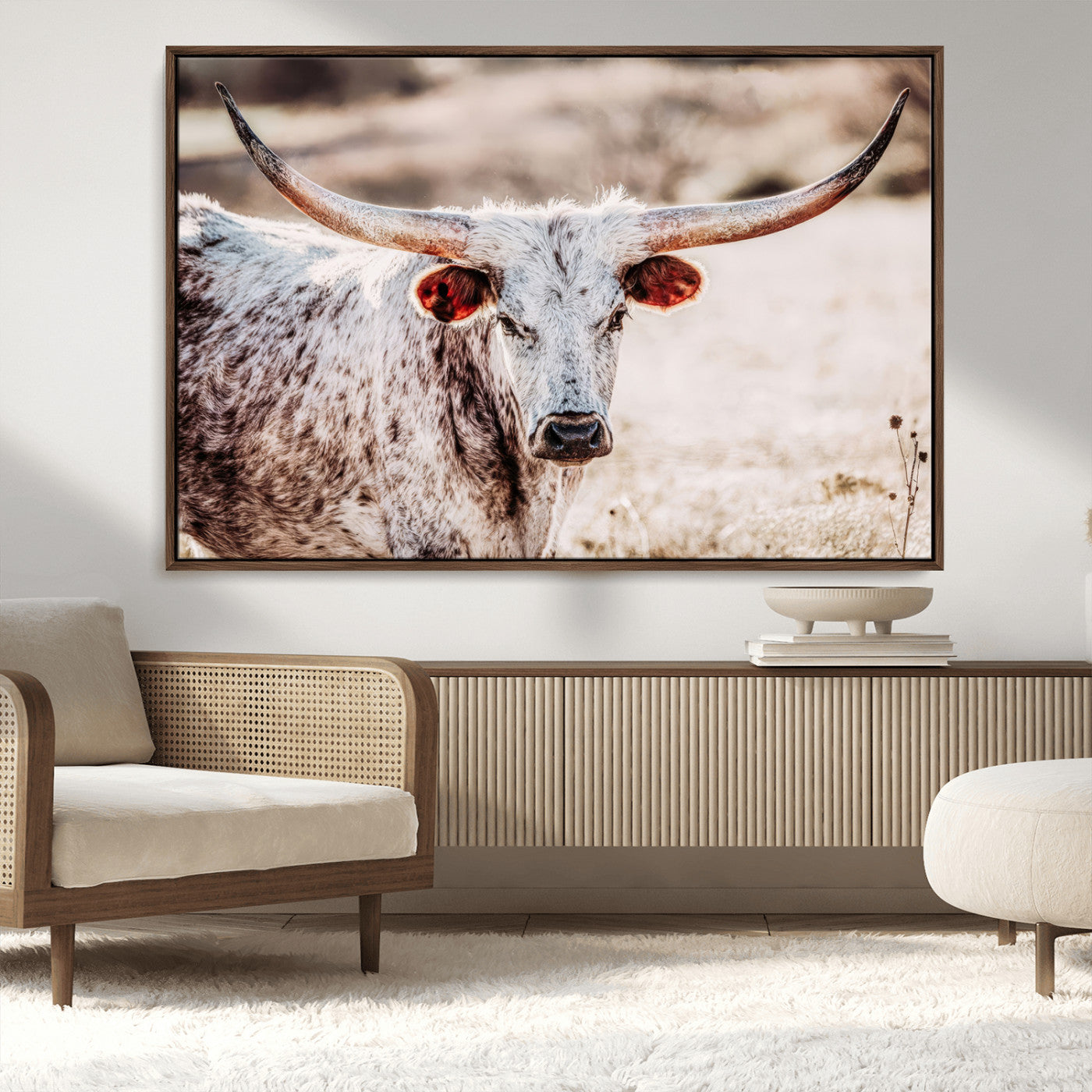 72388892-MGV-FC-36X24_Walnut-Texas Longhorn Wall Art – Rustic Western Canvas Print, Cowboy Style Farmhouse Bull Artwork for Living Room, Ranch, Office or Man