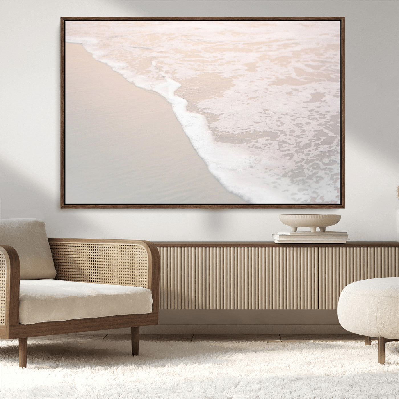 28414510-MGV-CV-36X24-Ocean Shoreline Wall Art – Minimal Coastal Beach Canvas Print, Soft Sea Foam and Sand Photography Artwork, Relaxing Nautical Decor