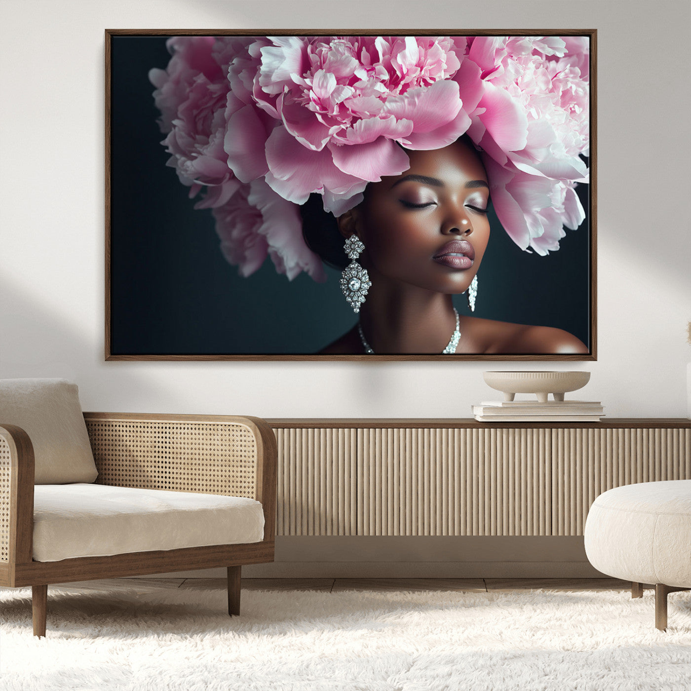 35482880-MGV-CV-36X24-Floral Portrait Wall Art – Elegant Woman with Pink Peony Headpiece Canvas Print, Luxury Fashion Inspired Artwork, Modern Glam