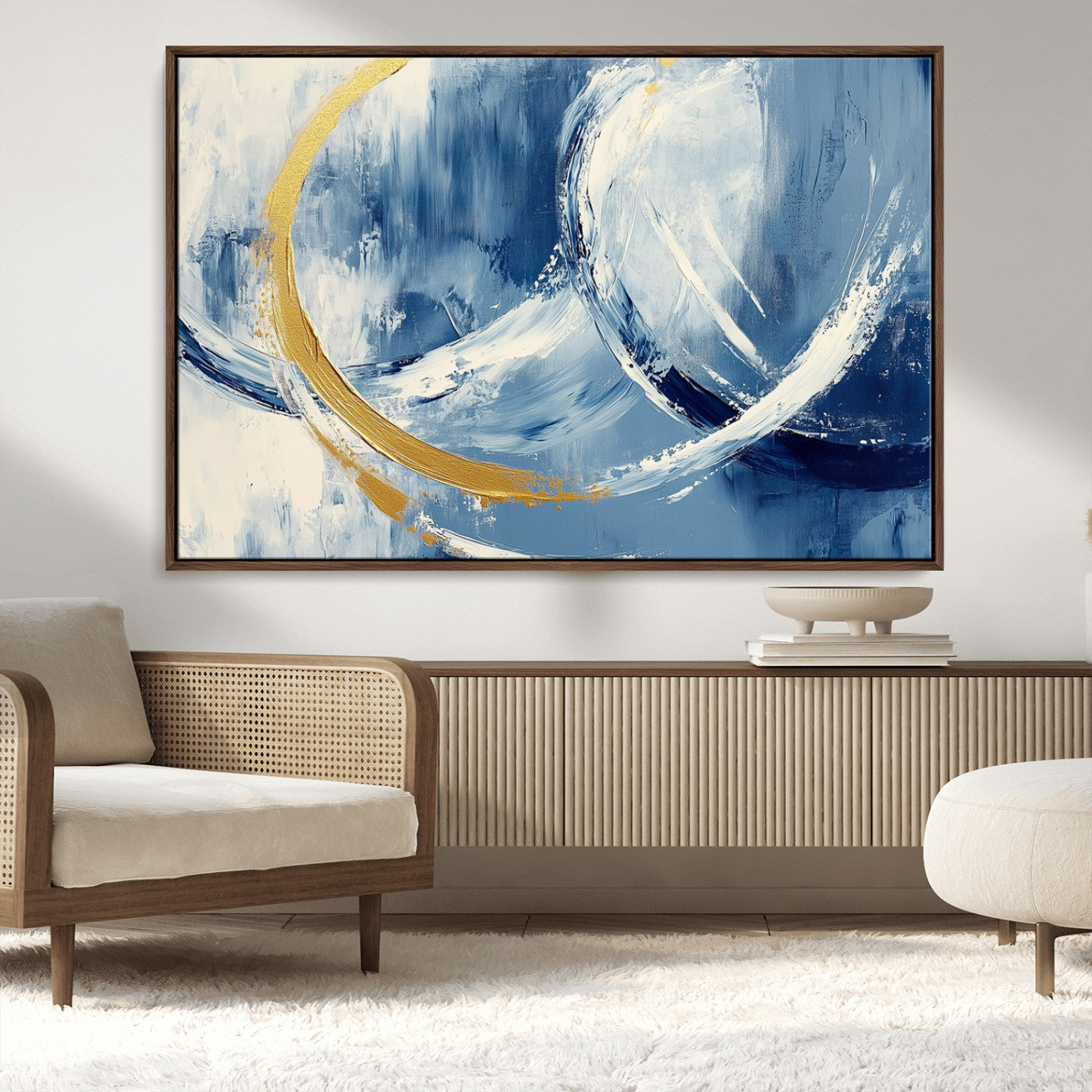42475677-MGV-CV-36X24-Blue and Gold Abstract Wall Art – Modern Luxury Canvas Print, Navy White Brushstroke Painting, Contemporary Home Office Living