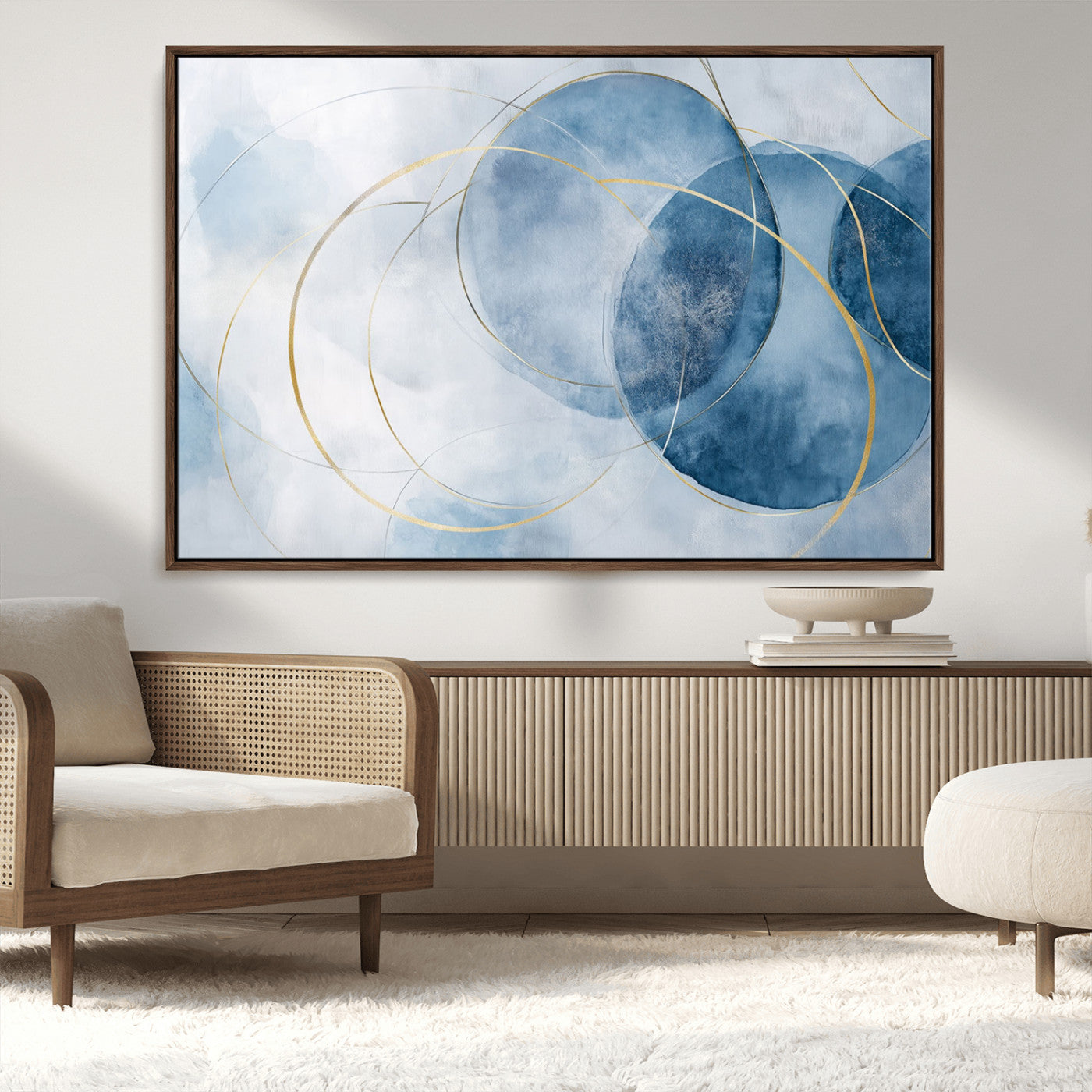 47060443-MGV-CV-36X24-Blue Abstract Circle Wall Art – Modern Gold and Navy Canvas Print, Minimalist Geometric Painting for Living Room, Bedroom, Office