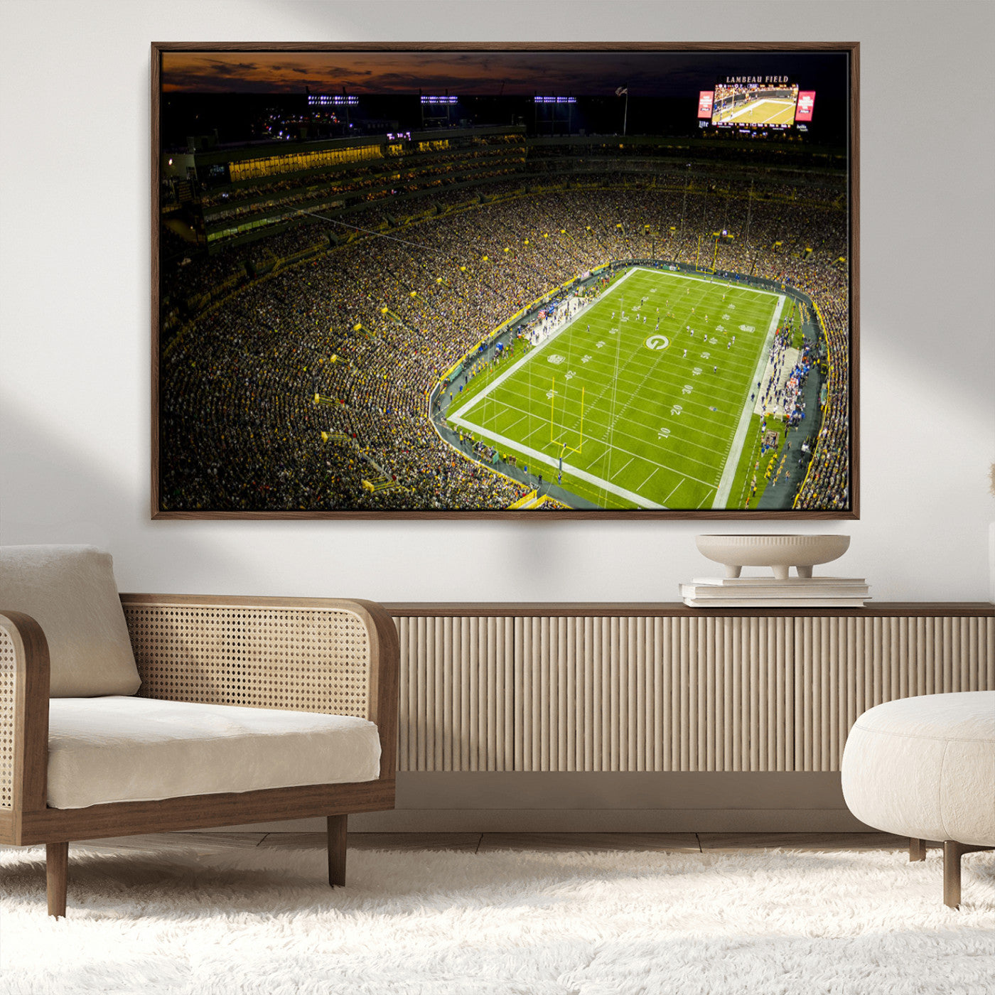 23655234-MGV-CV-36X24-Lambeau Field Stadium Wall Art – American Football Night Game Canvas Print with Packed Crowd and Lights – Sports Decor for Man