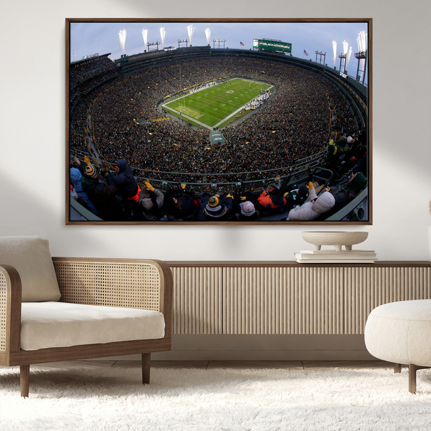 14387817-MGV-CV-36X24-Lambeau Field Stadium Wall Art – Green Bay Packers Game Day Canvas Print with Fireworks and Crowd – NFL Football Fan Man Cave