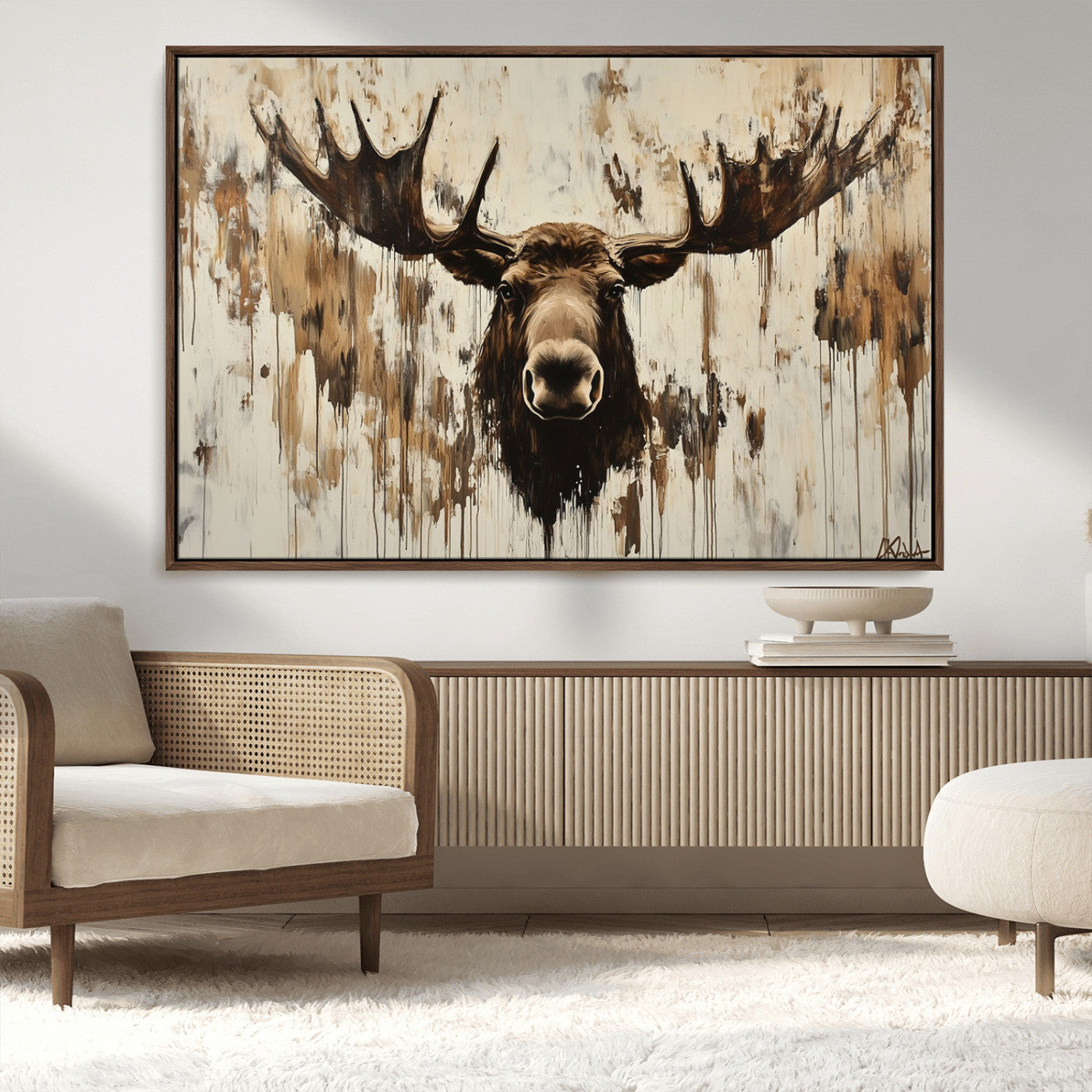 34496536-MGV-CV-36X24-Rustic Moose Wall Art – Modern Abstract Animal Canvas Print – Majestic Moose Head Painting with Neutral Earth Tones for Cabin,