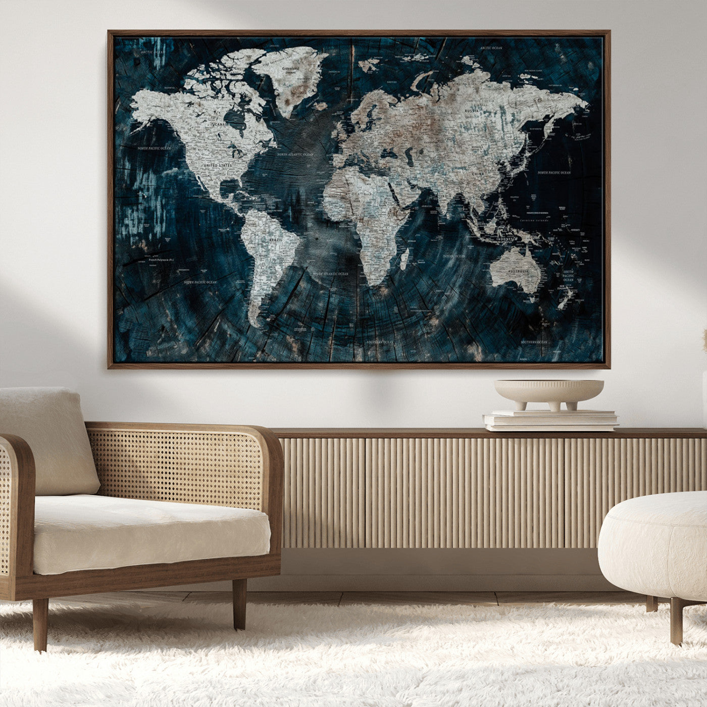 34425609-MGV-CV-36X24-World Map Wall Art – Rustic Navy and Grey Atlas Canvas Print, Distressed Explorer Map Artwork, Industrial Style Decor for Office,