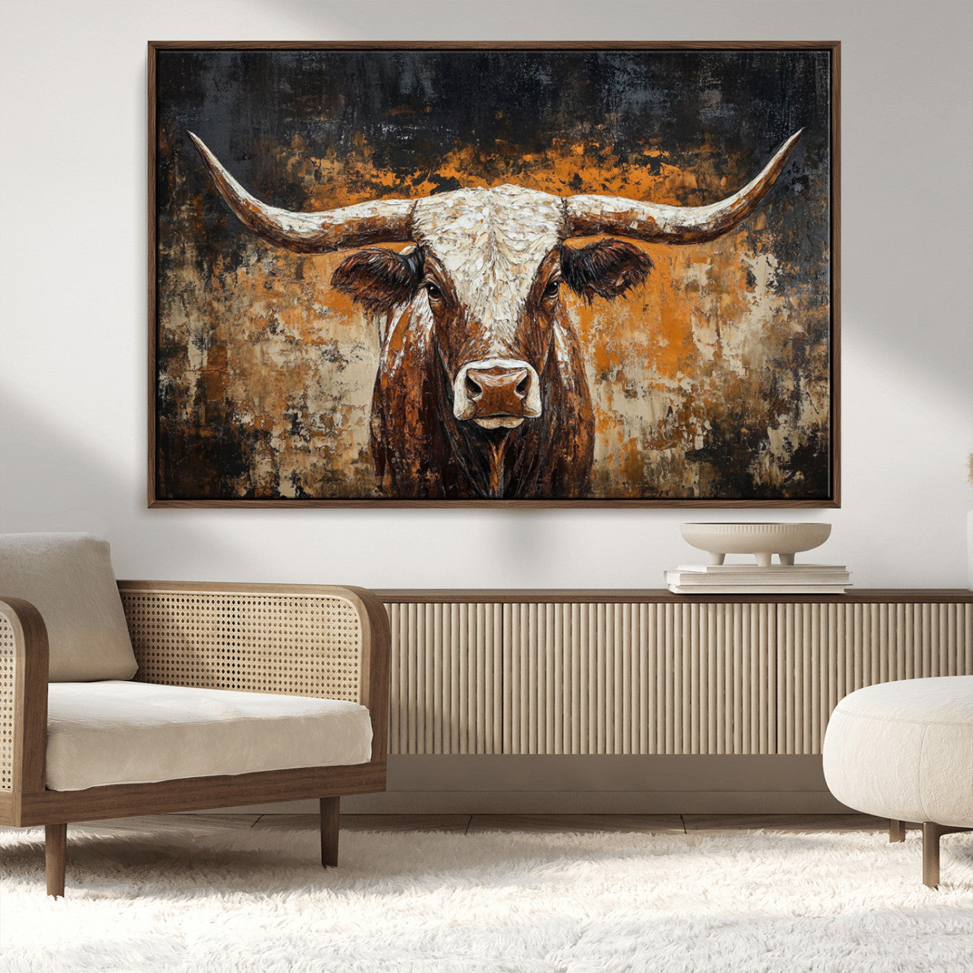 25265572-MGV-CV-36X24-Longhorn Bull Wall Art – Rustic Western Texas Steer Canvas Print, Textured Animal Painting for Home, Office, Man Cave or Farmhouse