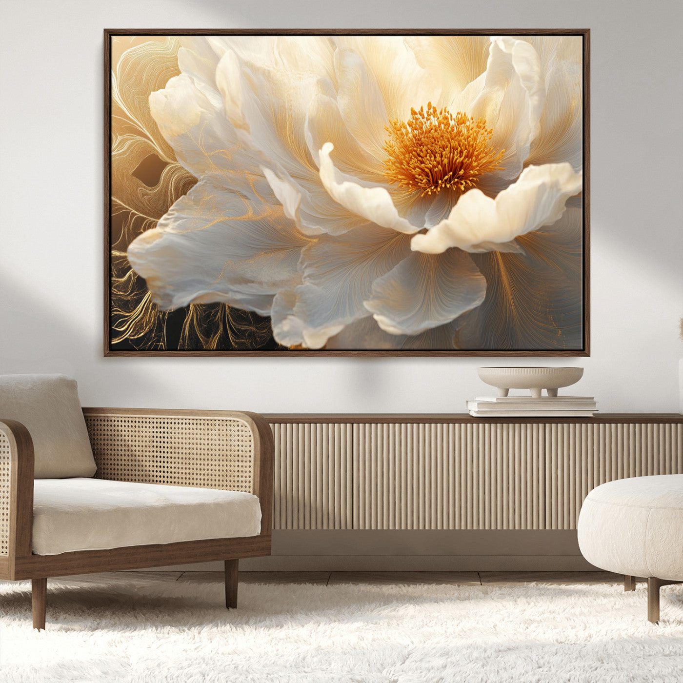 29539087-MGV-CV-36X24-Floral Wall Art – Elegant White and Gold Bloom Canvas Print, Romantic Modern Flower Artwork for Bedroom, Living Room, or Office