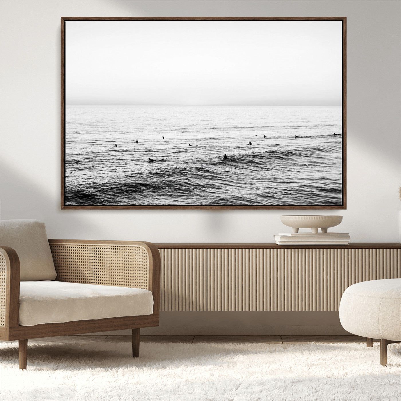 47208268-MGV-CV-36X24-Surfer Ocean Wall Art – Black and White Coastal Canvas Print, Minimalist Surfing Seascape Decor for Living Room, Bedroom, or Beach