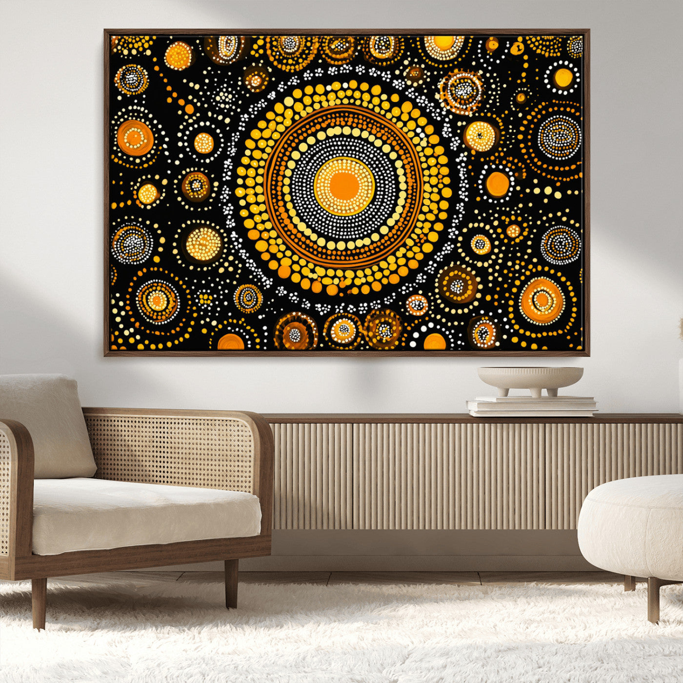 45478523-MGV-CV-36X24-Abstract Circle Wall Art – Bold Black and Gold Dot Painting Canvas Print, Modern Geometric Mandala Style Decor for Living Room or