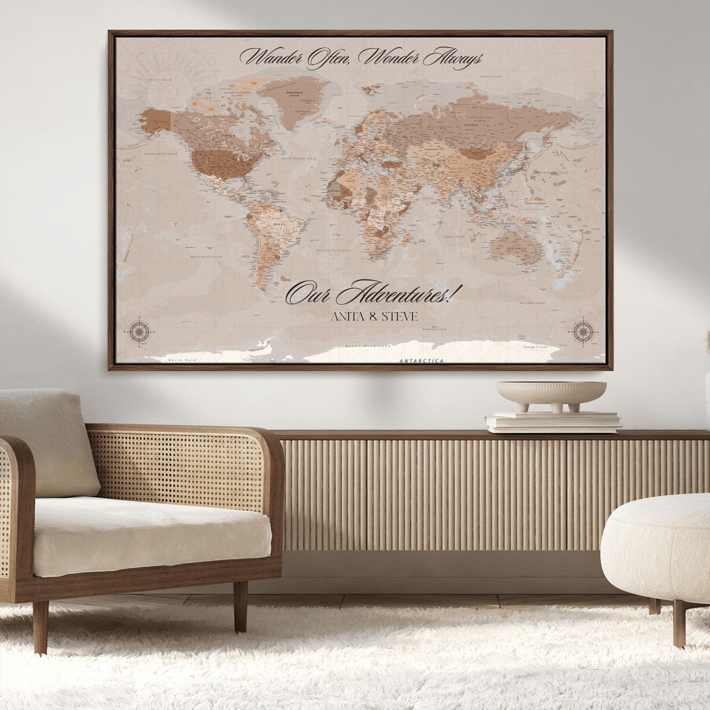 95243244-MGV-CV-36X24-Wander Often Wonder Always World Map Wall Art – Neutral Beige Adventure Canvas Print, Rustic Boho Travel Decor for Bedroom, Living