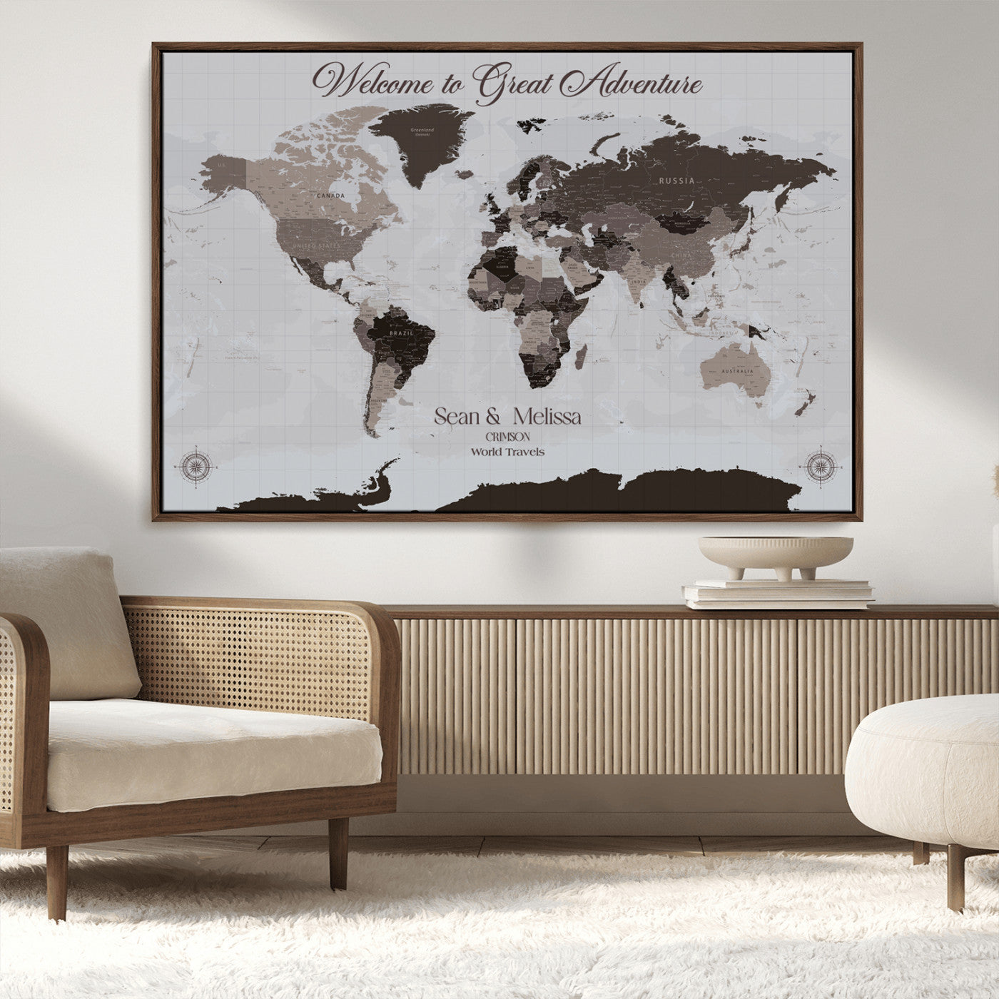 43749658-MGV-FC-36X24_Walnut-Welcome to Great Adventure World Map Wall Art – Charcoal Gray Canvas Print, Rustic Travel Decor for Living Room, Study, Office or