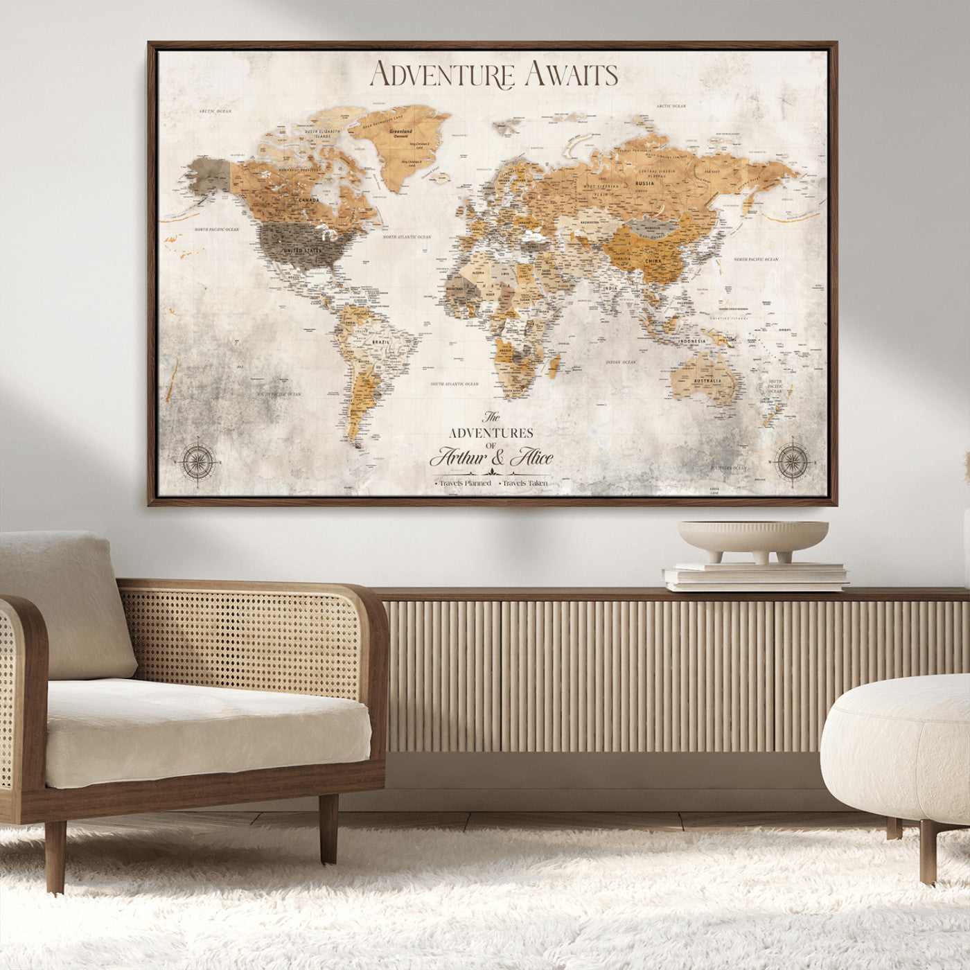 99422096-MGV-CV-36X24-Adventure Awaits World Map Wall Art – Neutral Beige Canvas Print, Modern Travel Inspired Wall Decor for Living Room, Bedroom or