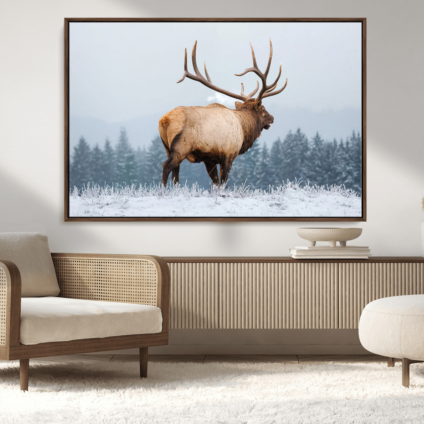 85177251-MGV-CV-36X24-Elk Wall Art – Majestic Wildlife Canvas Print of Bull Elk Snowy Forest, Rustic Nature Decor for Living Room, Cabin, or Office