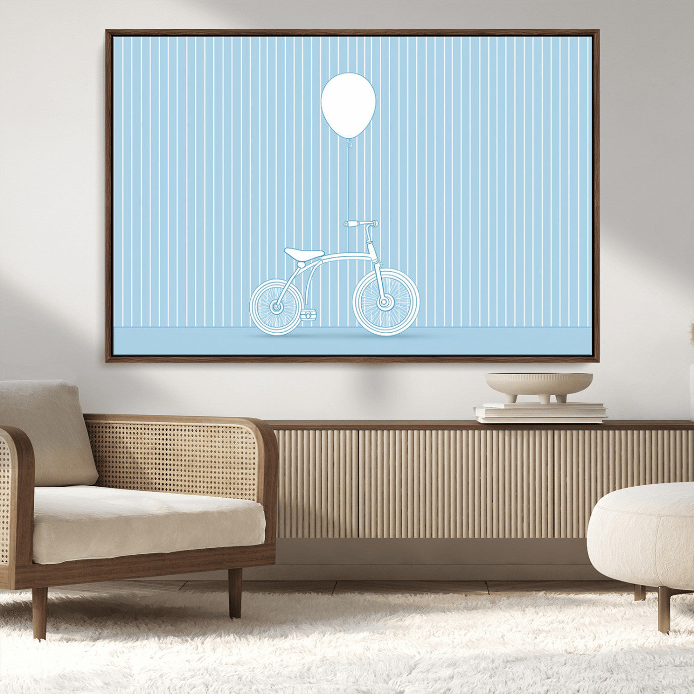 56479838-MGV-CV-36X24-Bicycle Wall Art – Minimalist Blue Canvas Print with Balloon Illustration, Modern Decor Artwork for Kids Room, Nursery, or Living