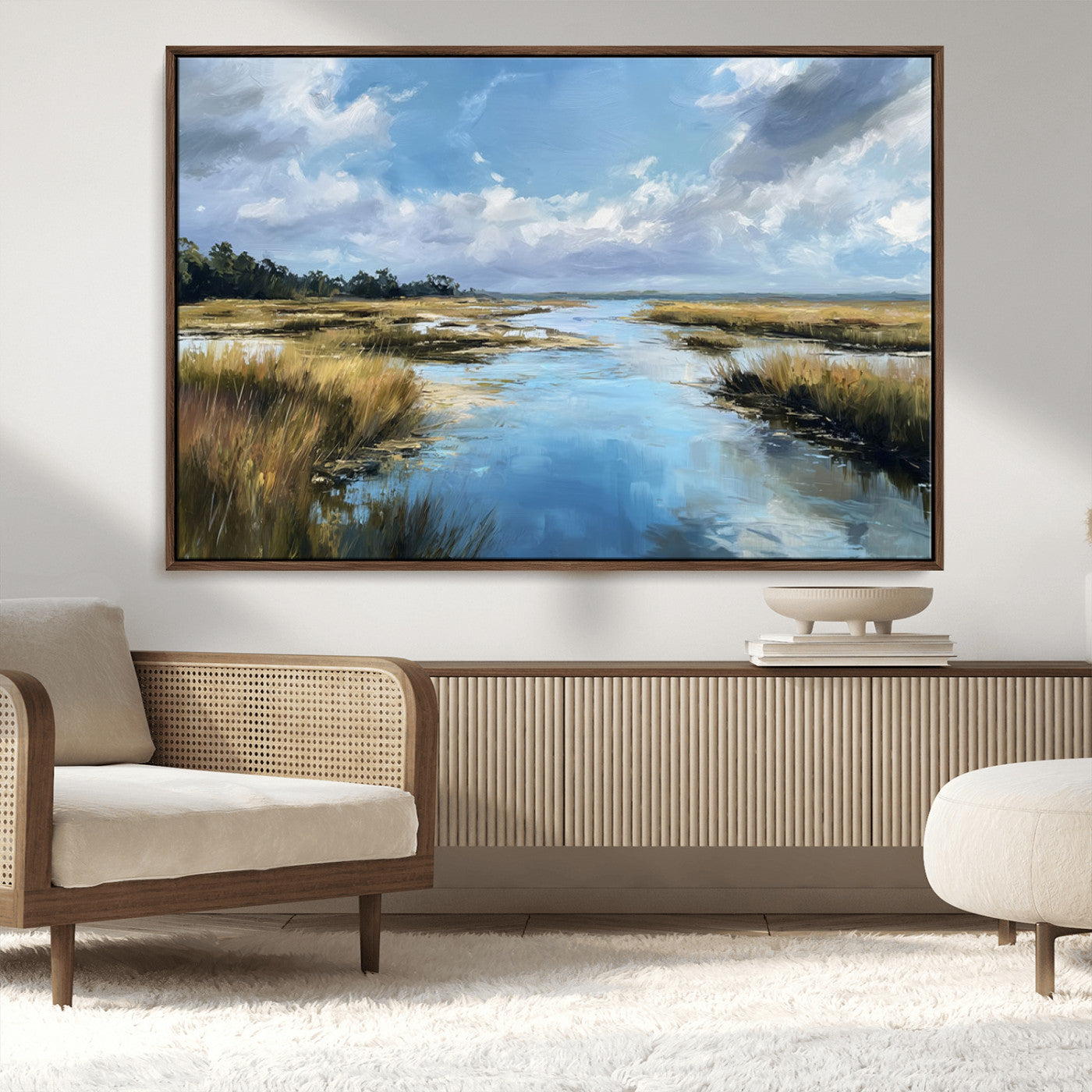 87082041-MGV-CV-36X24-Painted Marshland Canvas Wall Art – Serene Water Reflection, Blue Sky, Golden Grass Landscape, Calm Nature Decor for Home, Office,