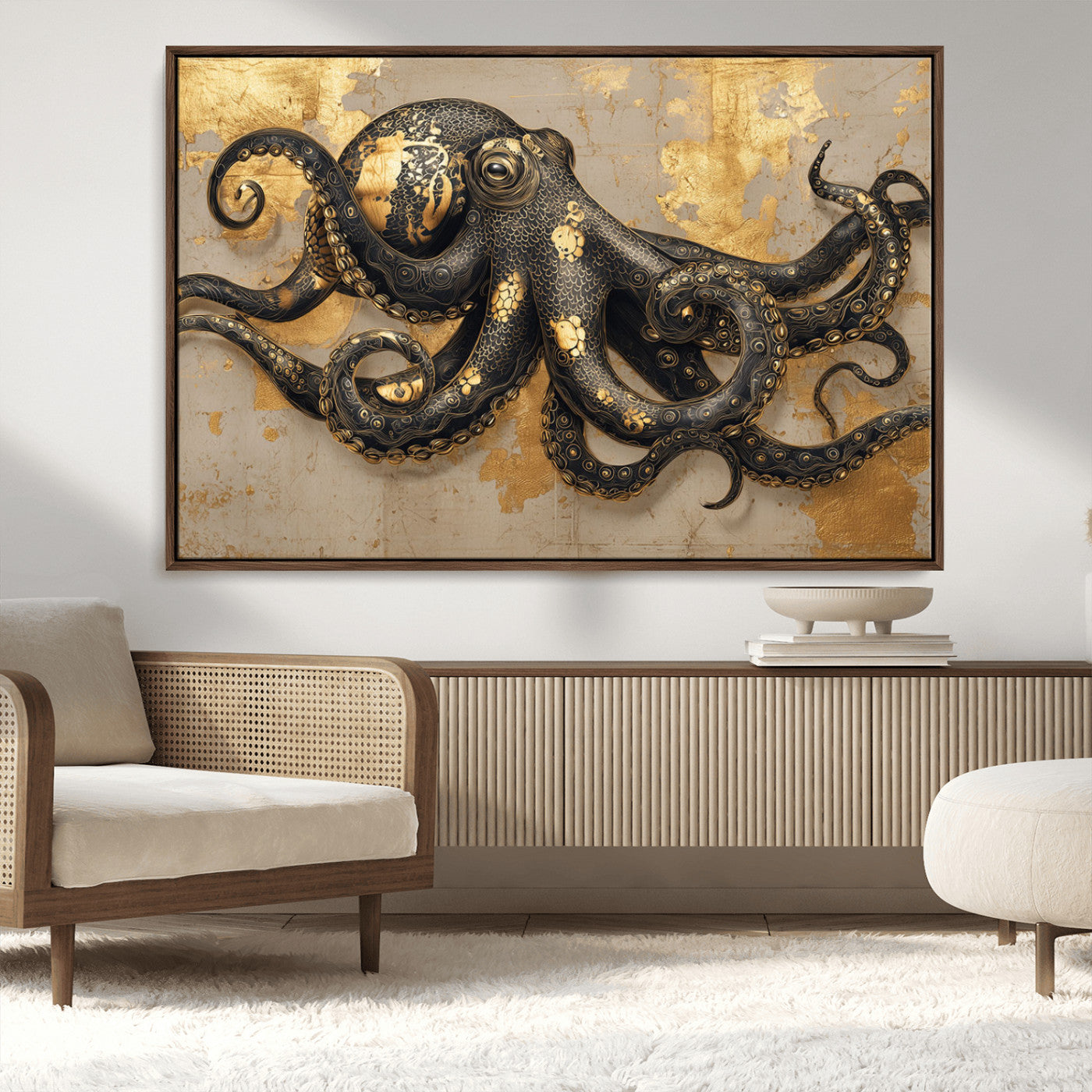 57944271-MGV-CV-36X24-Octopus Canvas Wall Art – Black & Gold Textured Tentacles, Marine Life Ocean Creature, Nautical Decor, Artistic Vintage Style for