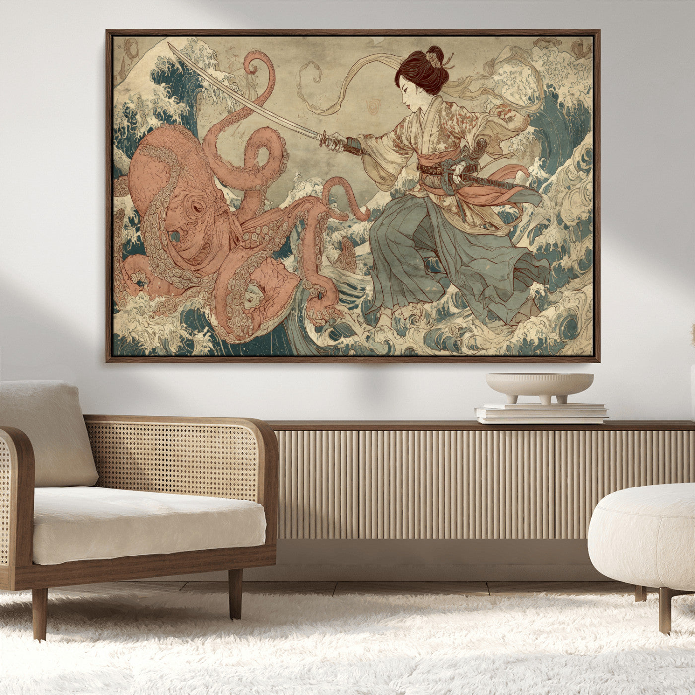 54879547-MGV-CV-36X24-Tsukioka Yoshitoshi Samurai Wall Art Print, Japanese Katana Warrior Canvas Wall Art, Octopus Sea Monster Canvas Print,