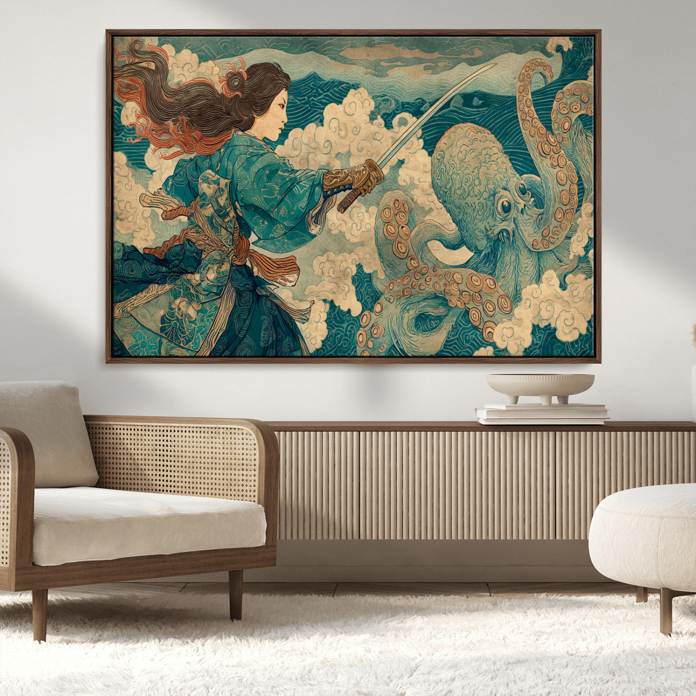 37943964-MGV-CV-36X24-Samurai Warrior vs Octopus Wall Art – Japanese Ukiyo-e Style Canvas Print, Ocean Battle Scene Artwork for Living Room, Office, Man