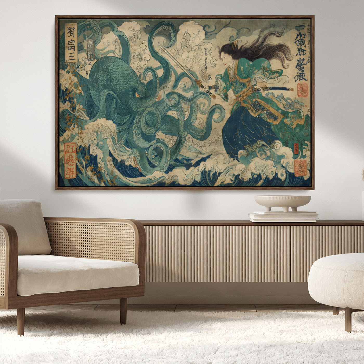 60346622-MGV-CV-36X24-Tsukioka Yoshitoshi Samurai Wall Art Print, Japanese Katana Warrior Canvas Wall Art, Octopus Sea Monster Canvas Print,